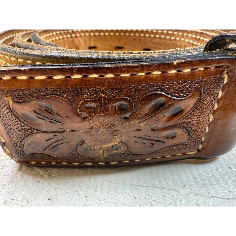 Men's Western‎ Tooled Leather Belt Floral Design Brown Suede Lined